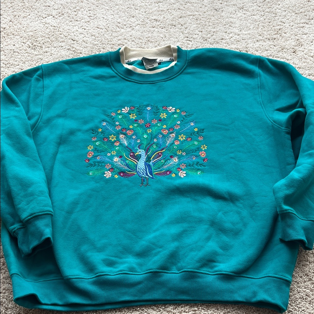 VTG King Universal Teal Sweatshirt with Peacock Embroidery size 2X